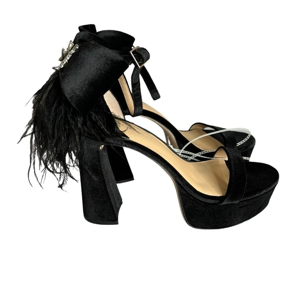 ANTONIO MELANI Black Platform Feather Ankle-Strap Sandals